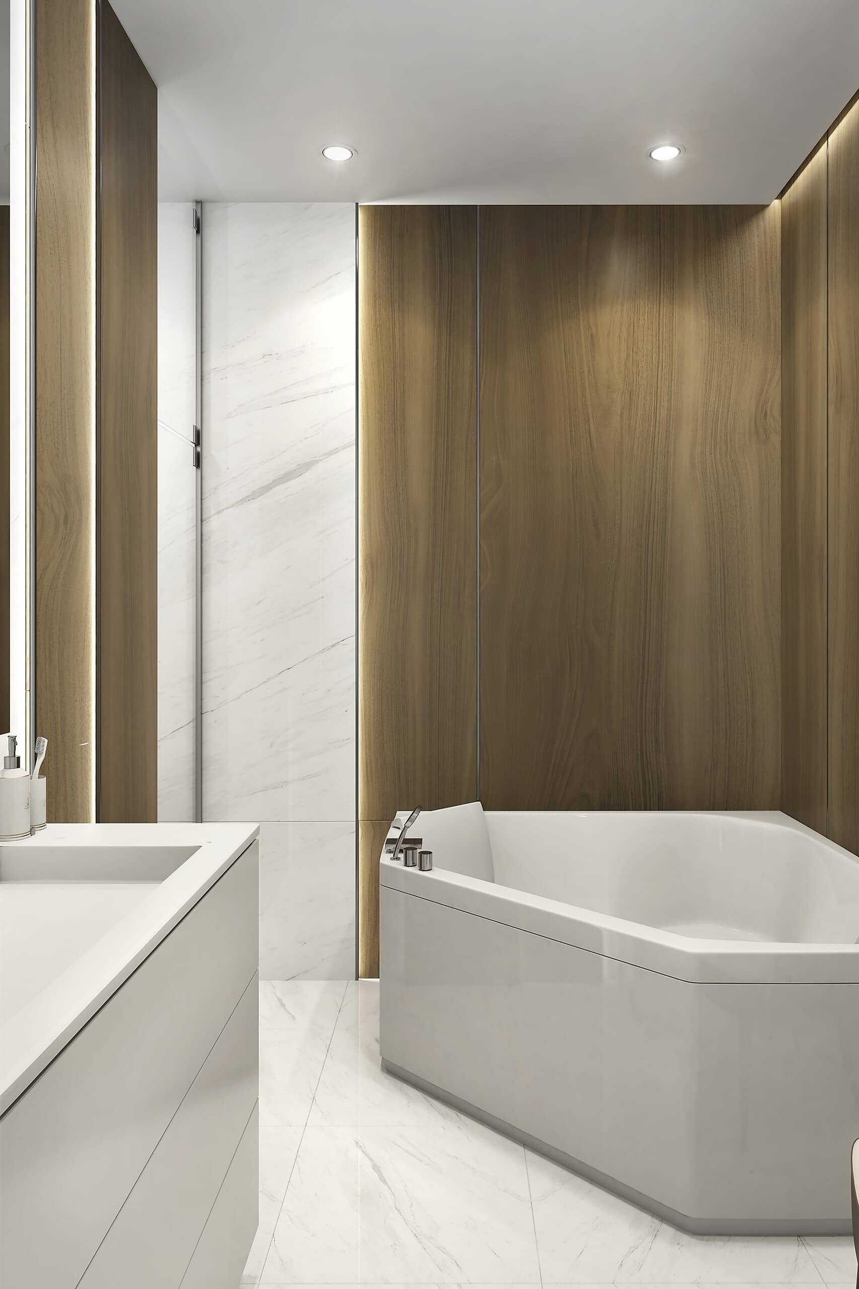 Интерьер в ванной комнате светлого цвета с деревянными панелями