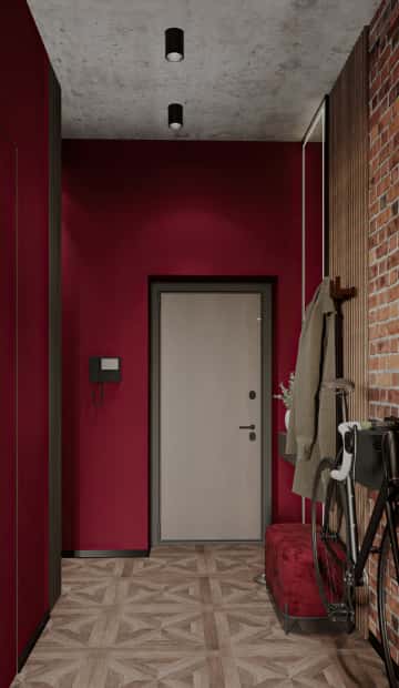 В прихожей тон задаёт насыщенный винный оттенок краски