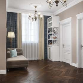 Покраска в коридоре с белыми дверьми, белой мебелью и паркетом французская ёлочка