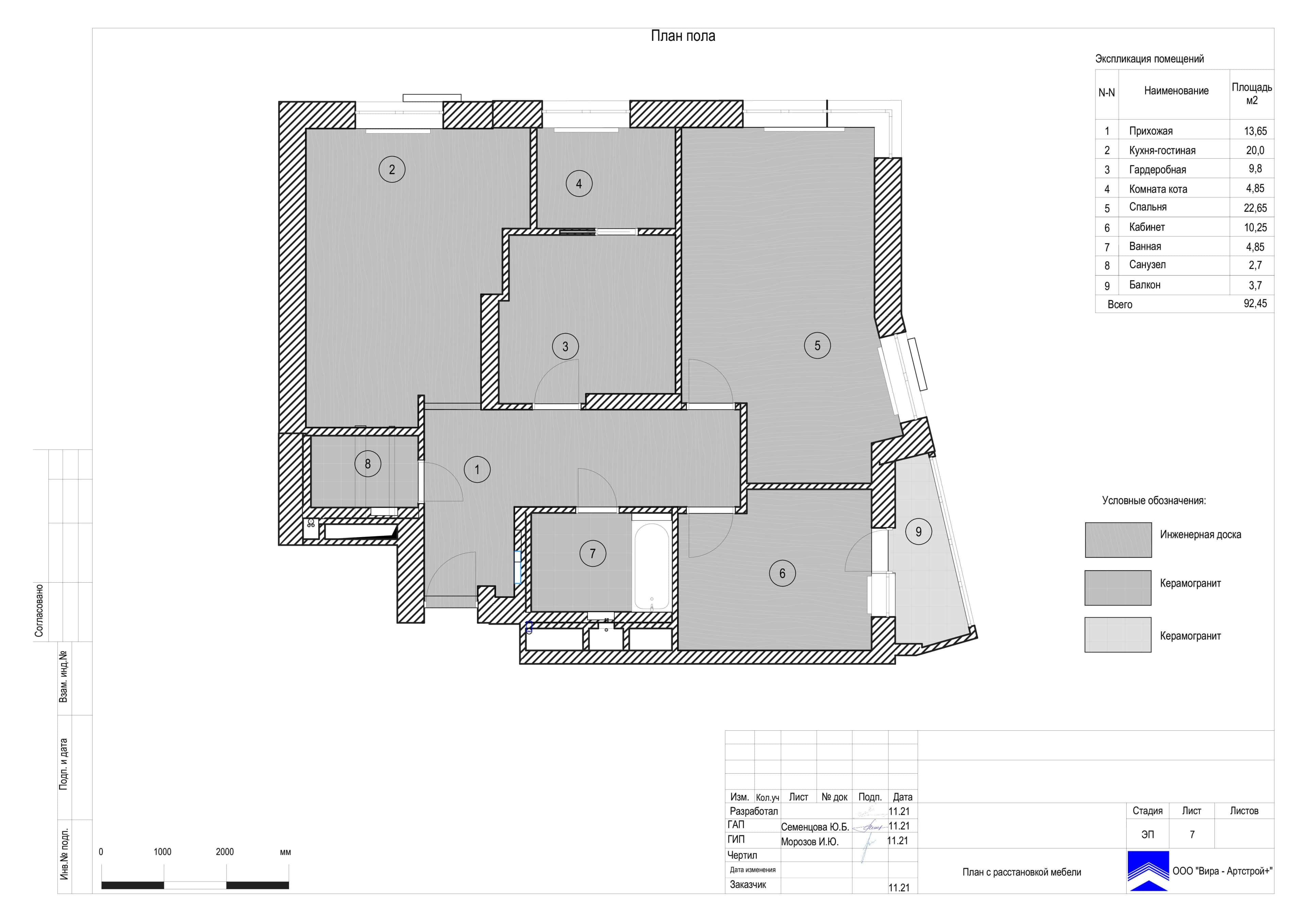 План с расстановкой мебели, квартира 93 м² в ЖК «Фестиваль парк»