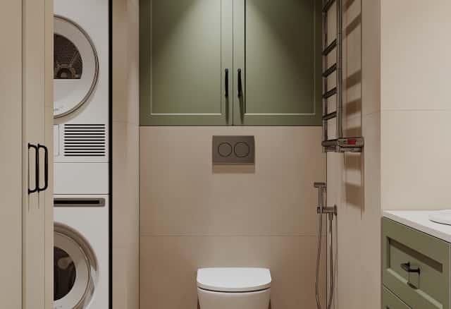 Фотографии санузлов. Квартира с мезонином. Дизайн и ремонт квартиры 89м2 ЖК Джаз в современном. Ванная, фото 01.