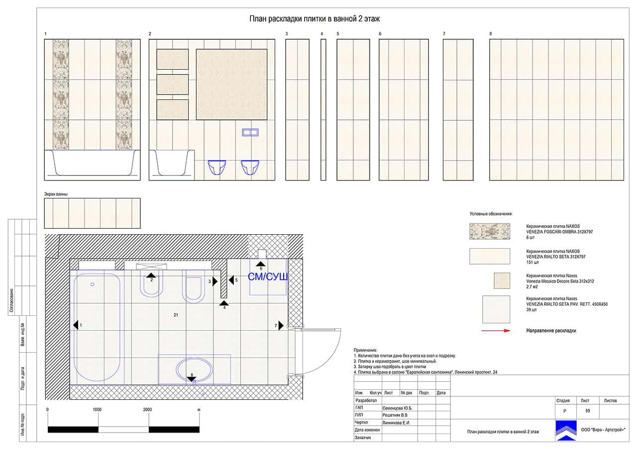 План раскладки плитки в ванной. Этаж 2, дом 332 м² в КП «Лесная Рапсодия-2»