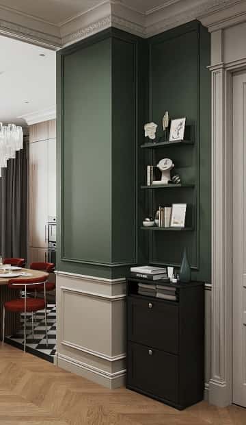 Светлая отделка подчёркивает глубину зелёного цвета