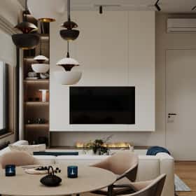 Фотографии кухонь-гостиных. Объятия моря. Дизайн и ремонт квартиры 91м2 ЖК Событие в современном эко-стиле. Кухня-гостиная, фото 02.