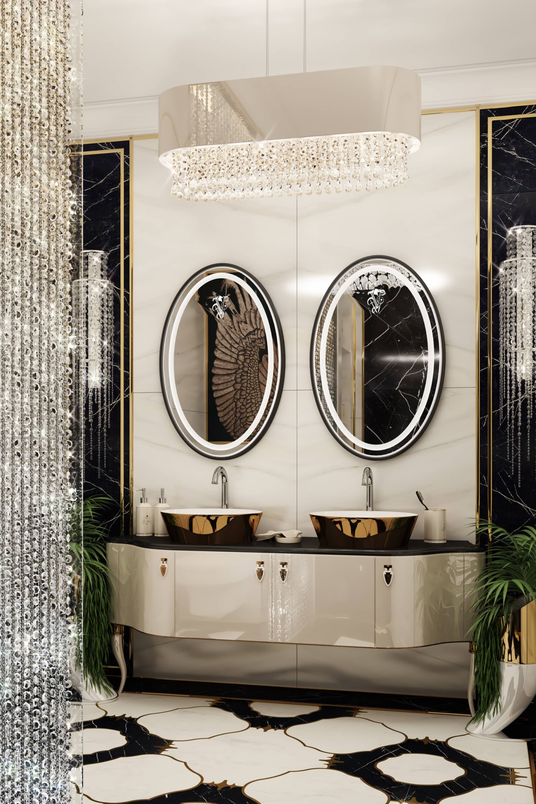 Ванная комната с современными зеркалами овального типа