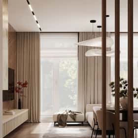 Очарование природы. Дизайн и ремонт загородного дома 116м2 в КП Британика в современном стиле. 1 этаж Кухня-гостиная, фото 01