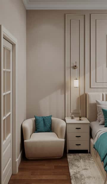 Квартира с мезонином. Дизайн и ремонт квартиры 89м2 ЖК Джаз в современном. Спальня, фото 01