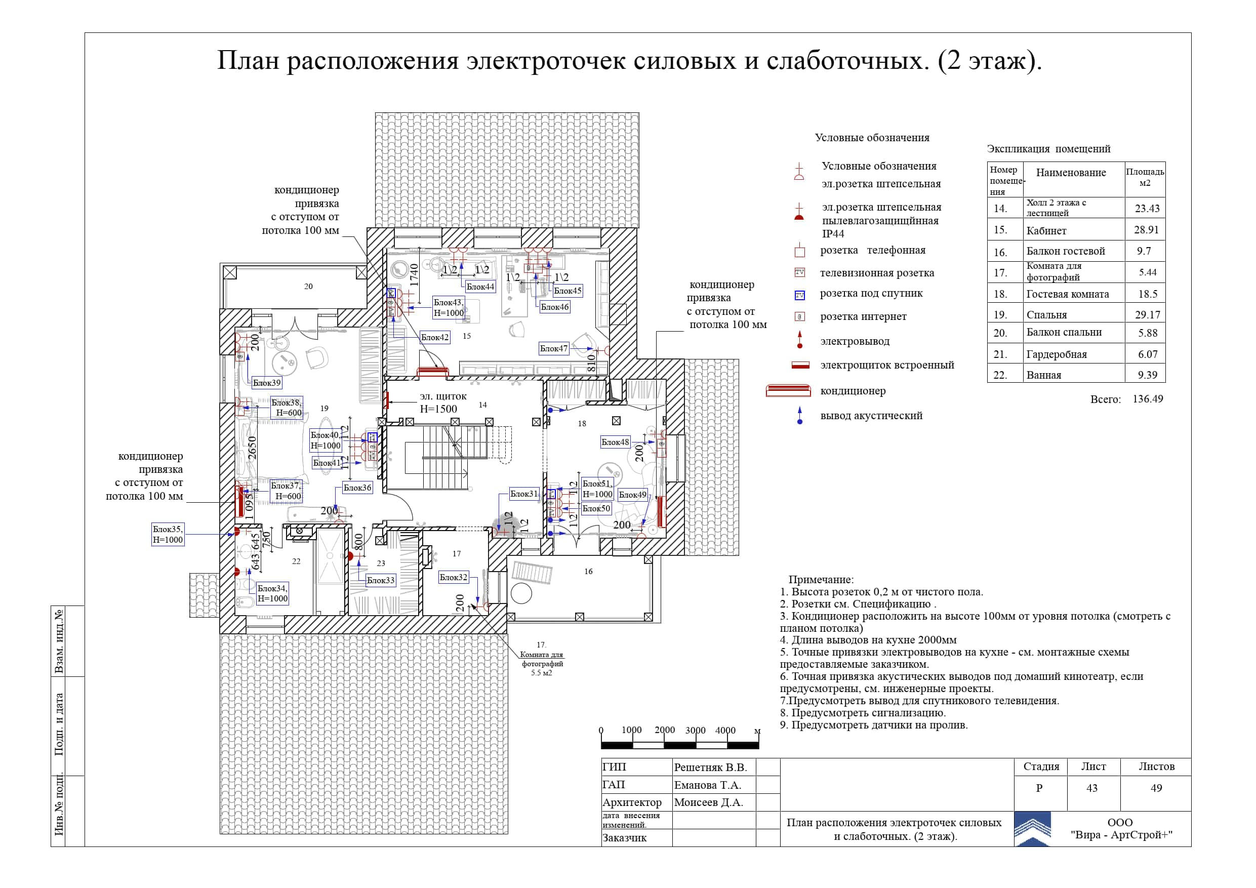 43. План расположения электроточек силовых и слаботочных, дом 373 м²