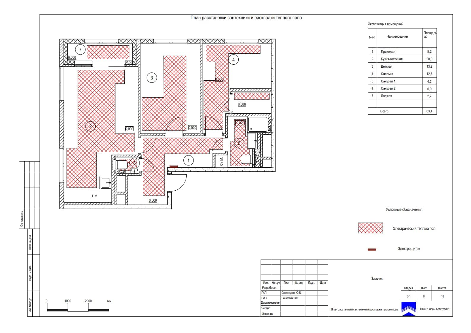 План расстановки сантехники и раскладки теплого пола, квартира 61 м² в ЖК «Хилл-8»
