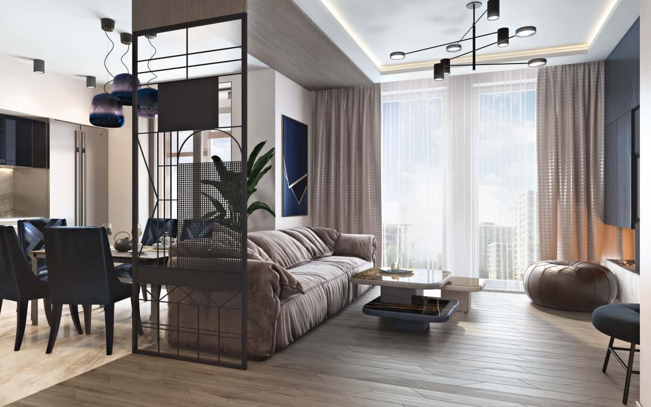 Гостиная в стиле Современный, фото интерьера в ЖК «Испанские кварталы»