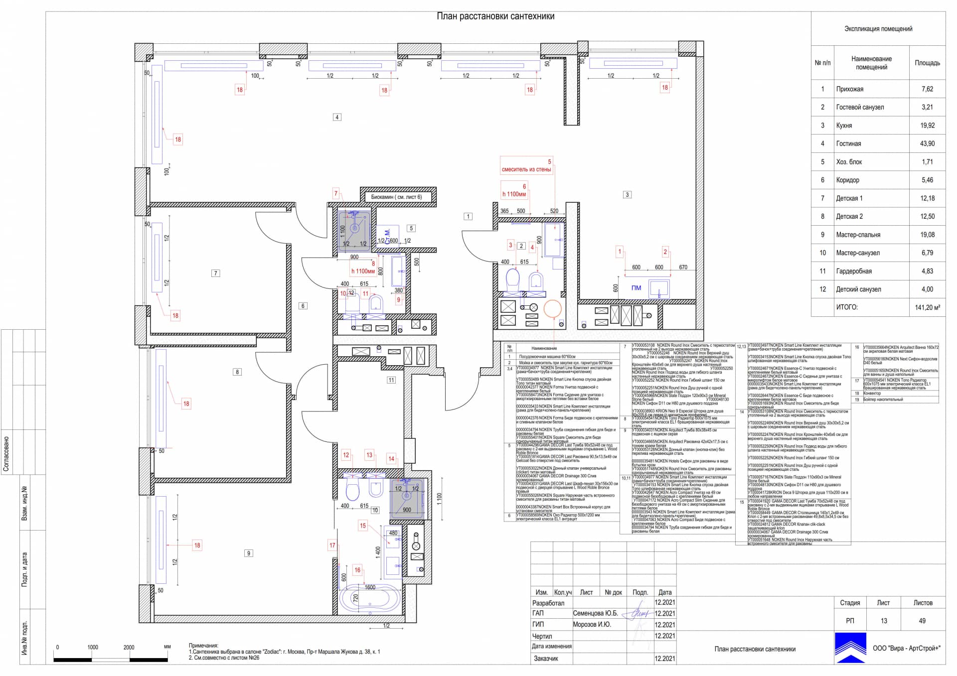 План расстановки сантехники, квартира 142 м² в ЖК «Фили Сити»