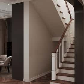 Вариации классики. Дизайн и ремонт дома 177м2 КП Лесная симфония в американском стиле. Лестница и холл 2 этажа, фото 01