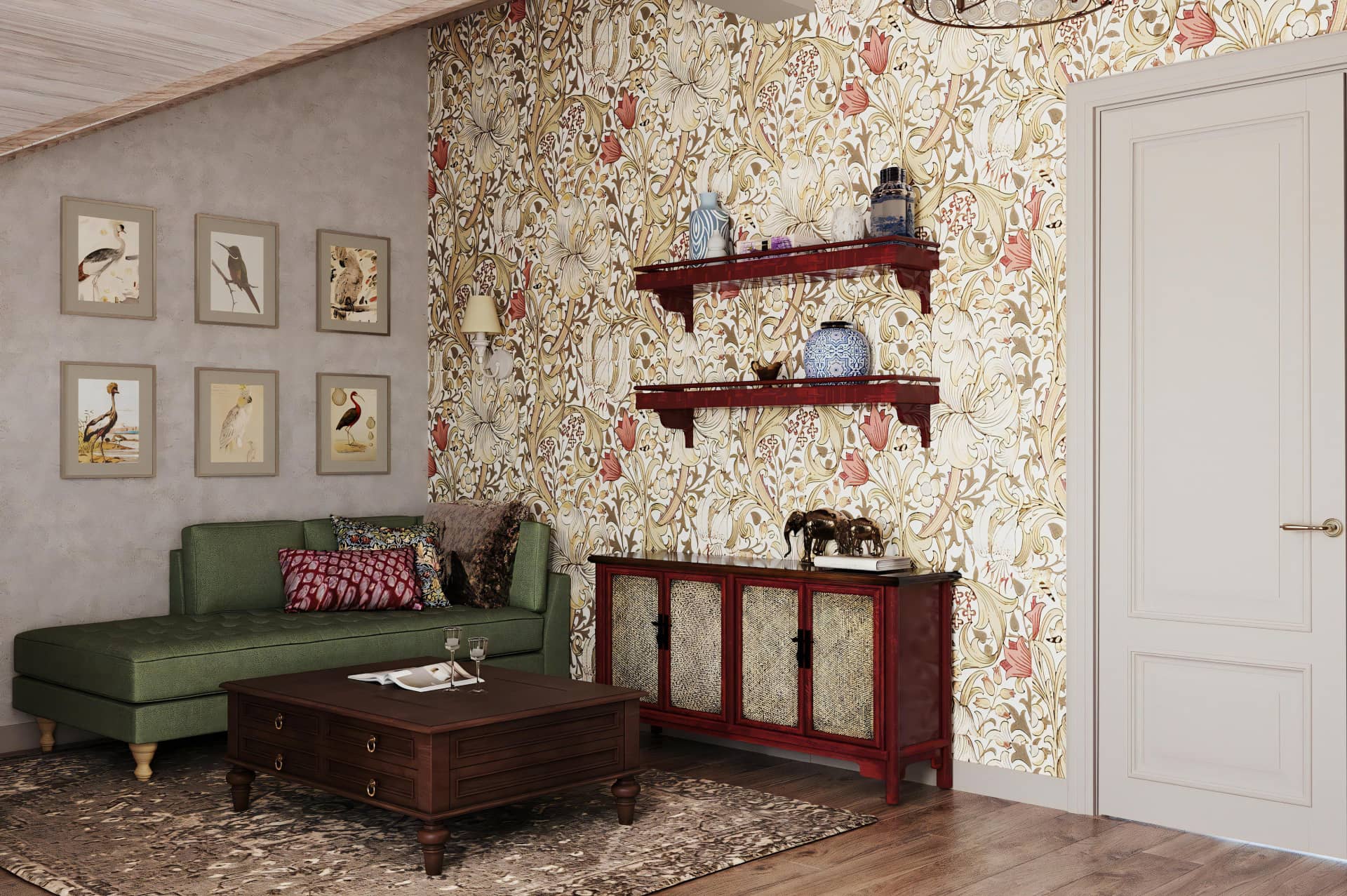 Яркая мебель и текстиль в сочетании с обоями превратили комнату в цветущий сад