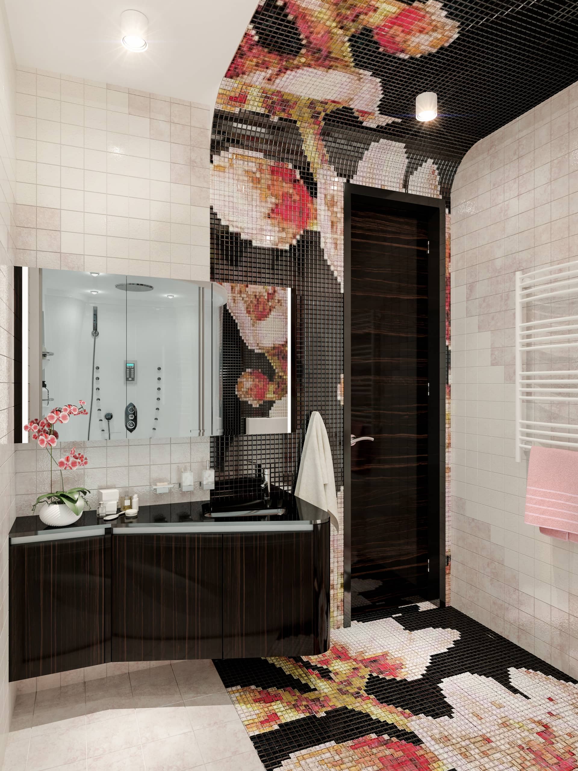 Цветы собранные из квадратных плиточек - мозаика в ванную комнату
