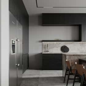 Изысканный монохром. Дизайн и ремонт таунхауса 164м2 в КП Бристоль в неоклассическом стиле. 1 этаж Кухня-гостиная, фото 02