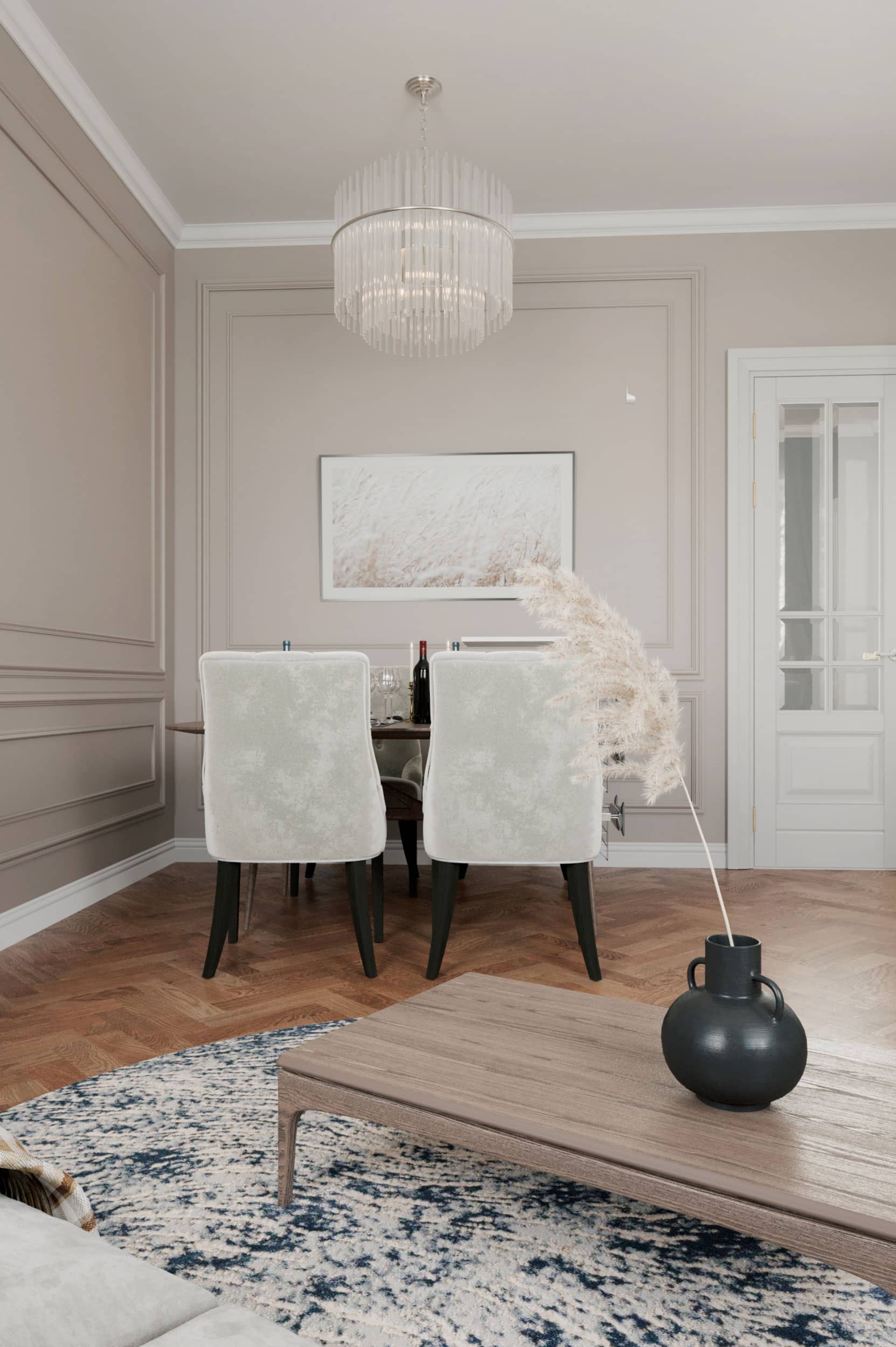 Оформление интерьера гостиной трехкомнатной квартиры в коричневый цвет в стиле современной классики. Фото № 62282.