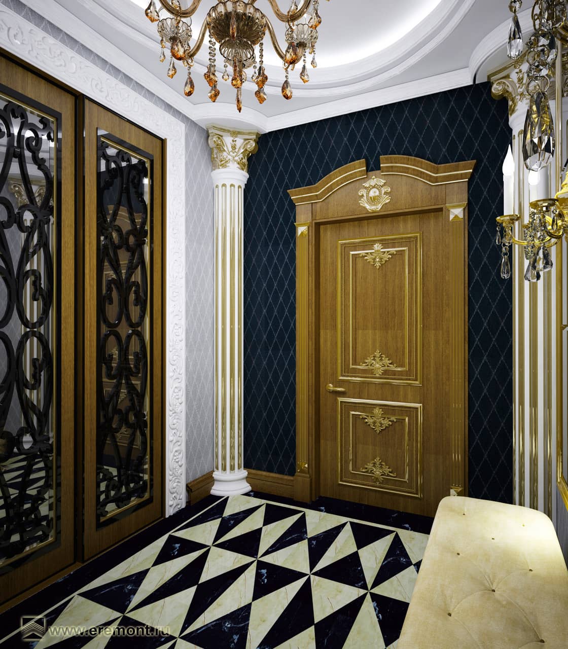 Двери цвета светлого мёда и кованые вставки, как раз и создают тот самый стиль роскошной классики
