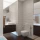 Умывальник и полки в ванной комнате сделаны из тёмного дуба. Интерьер в стиле минимализм. Фото 040