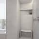 Умывальник и полки в ванной комнате сделаны из тёмного дуба. Интерьер в стиле минимализм. Фото 039