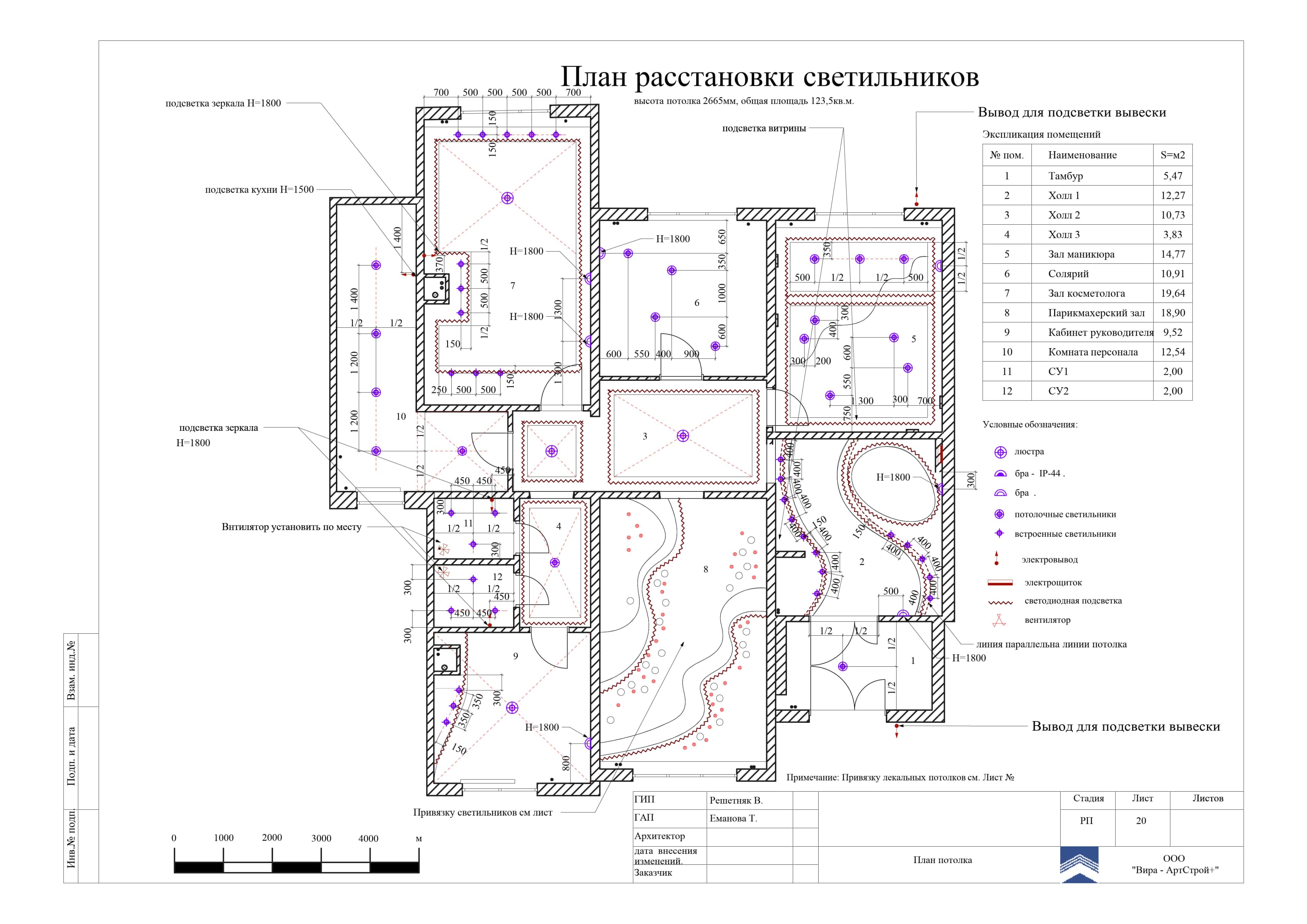 План расстановки светильников, нежилое помещение 123 м²