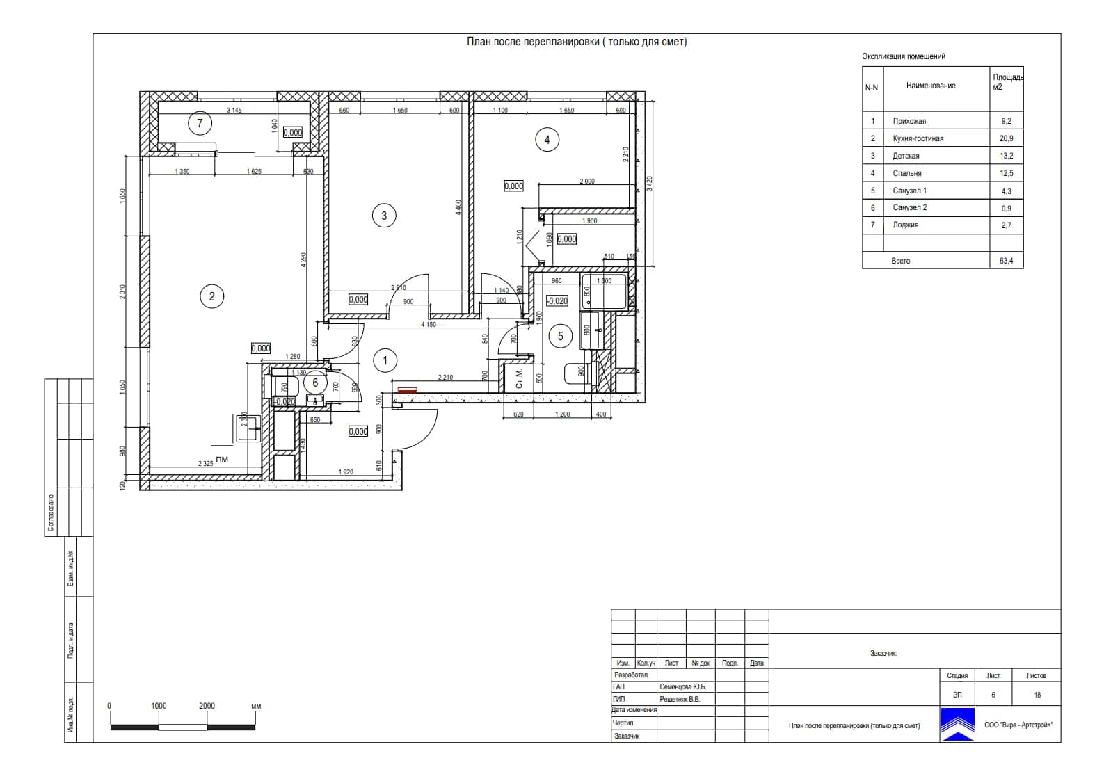 План после перепланировки, квартира 61 м² в ЖК «Хилл-8»