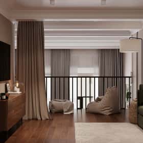 Квартира с мезонином. Дизайн и ремонт квартиры 89м2 ЖК Джаз в современном. Спальня на антресоле, фото 04