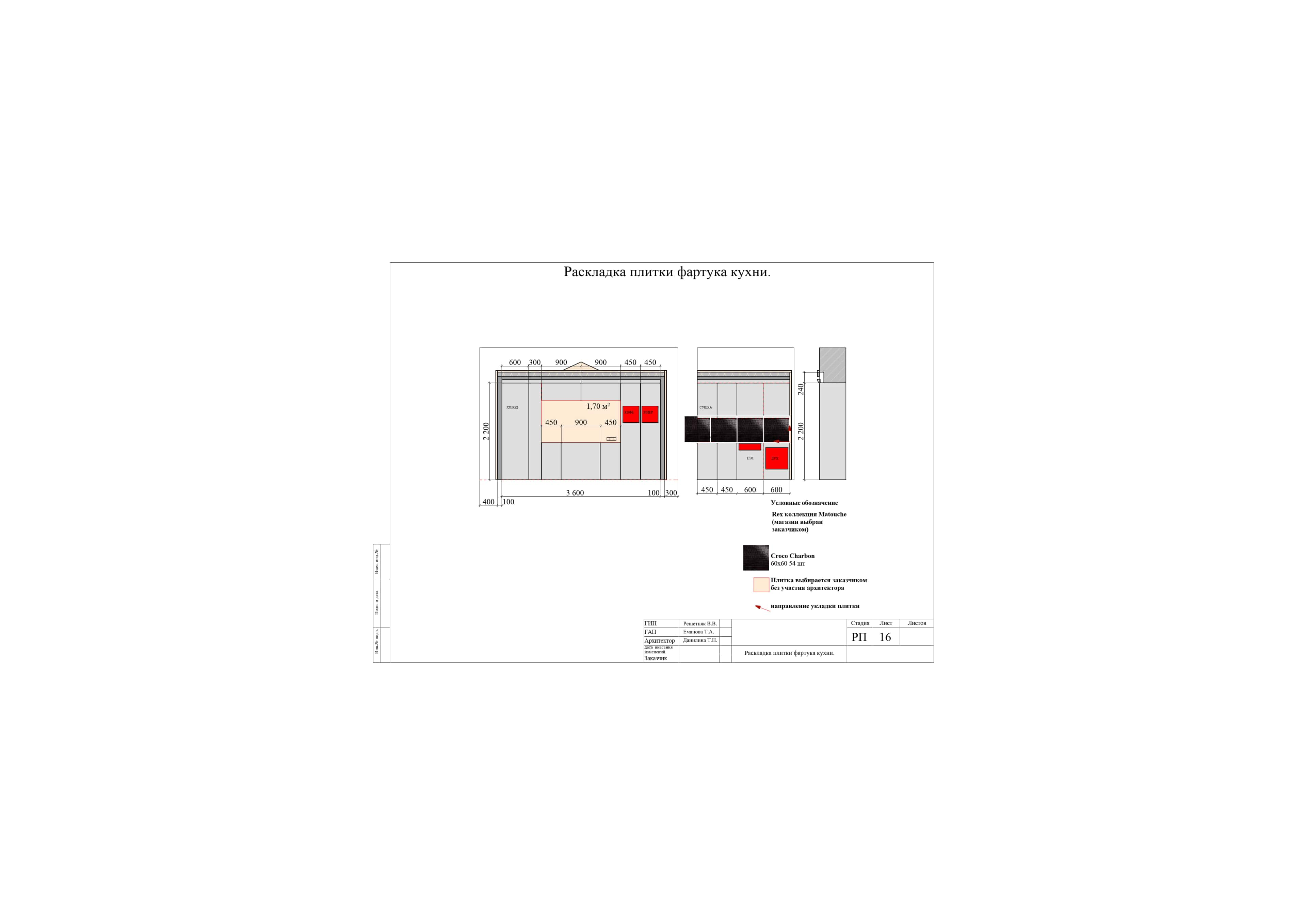 Раскладка плитки фартука кухни, квартира 172 м² в ЖК «Корона»