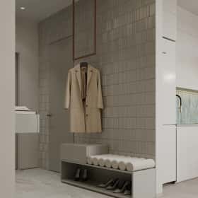 Воспоминания о море. Дизайн и ремонт квартиры 90м2 в ЖК Остров в современном стиле. Прихожая и коридор, фото 05