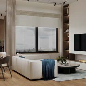 Фотографии кухонь-гостиных. Объятия моря. Дизайн и ремонт квартиры 91м2 ЖК Событие в современном эко-стиле. Кухня-гостиная.