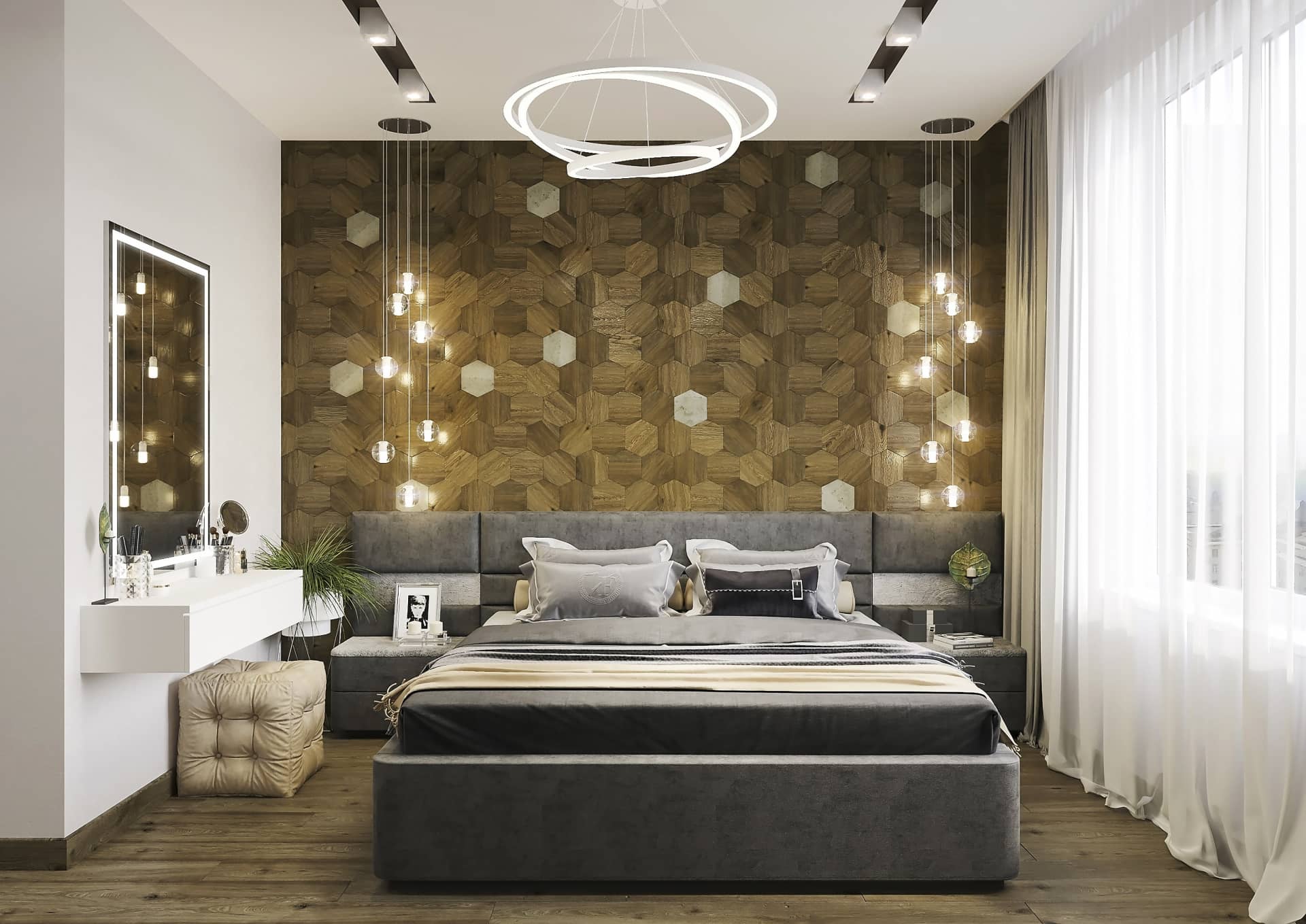 Шестиугольные панельки из дерева на главное стене в спальне