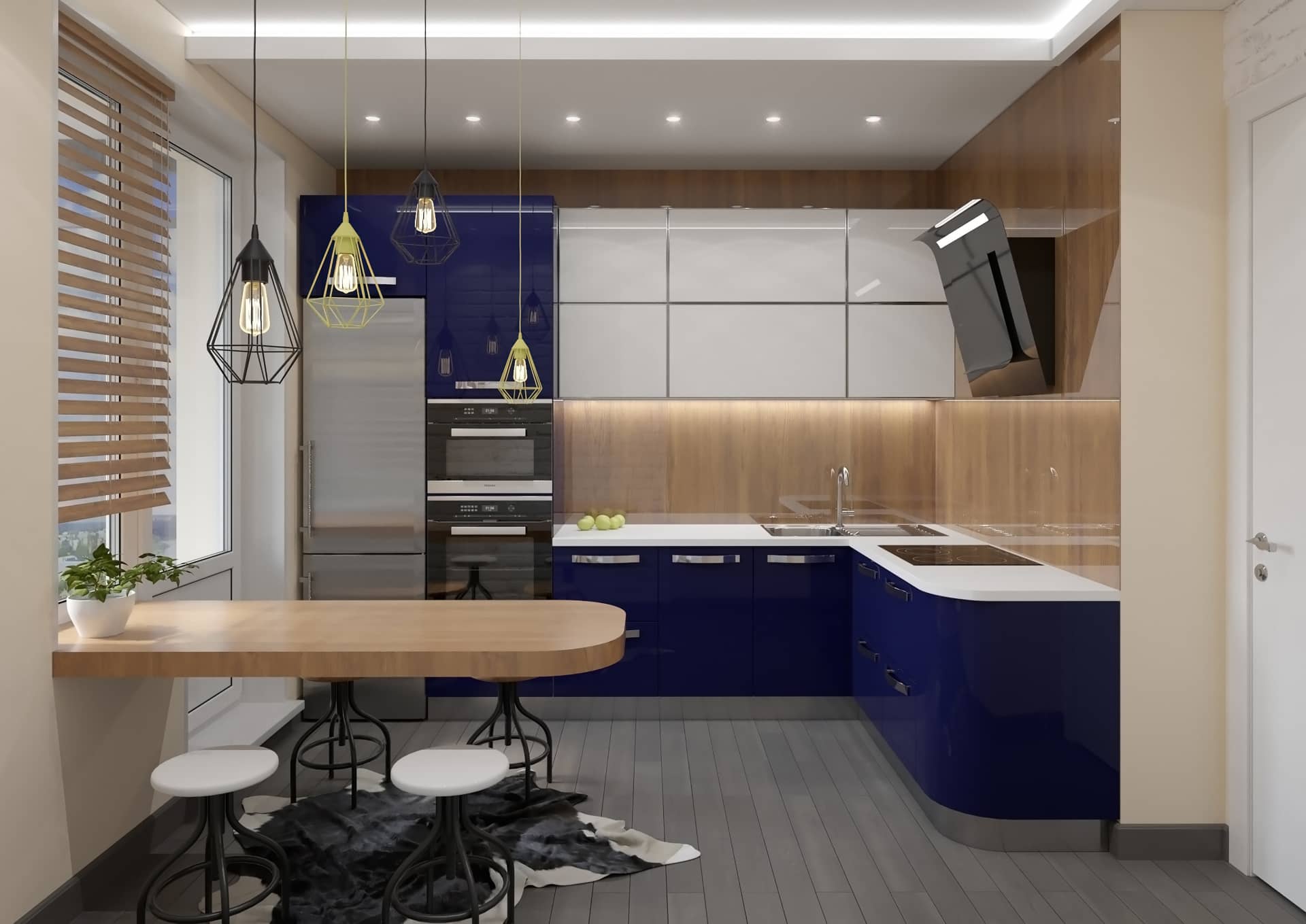 Кухня синего цвета с глянцевым покрытием