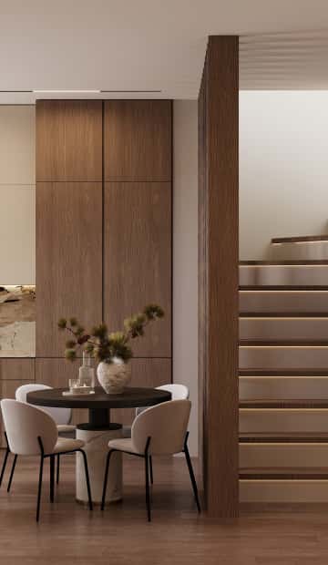 Очарование природы. Дизайн и ремонт загородного дома 116м2 в КП Британика в современном стиле. 1 этаж Кухня-гостиная, фото 05