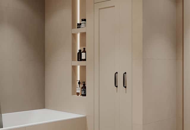 Фотографии санузлов. Квартира с мезонином. Дизайн и ремонт квартиры 89м2 ЖК Джаз в современном. Ванная, фото 03.