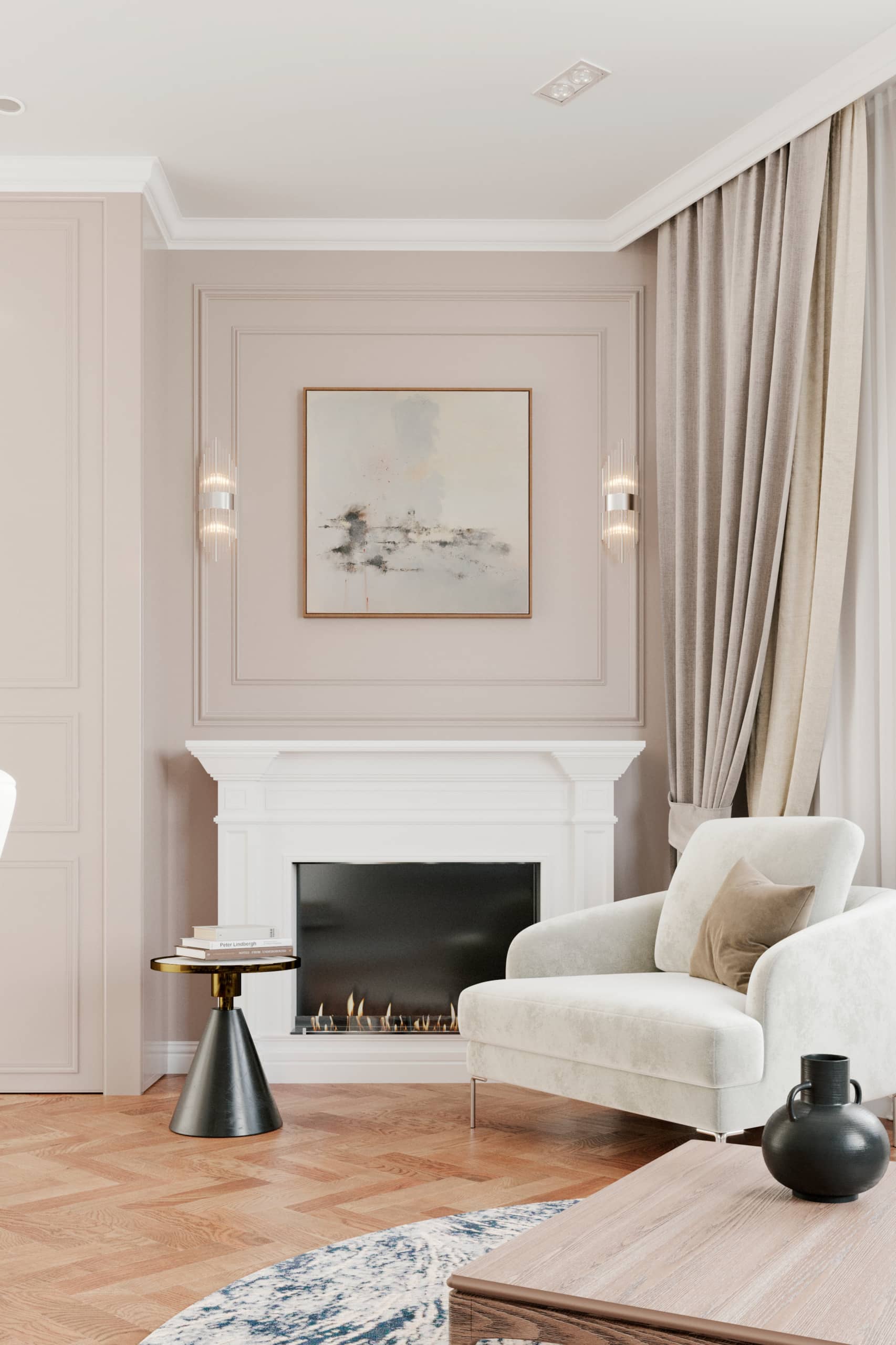 Оформление интерьера гостиной трехкомнатной квартиры в коричневый цвет в стиле современной классики. Фото № 62281.