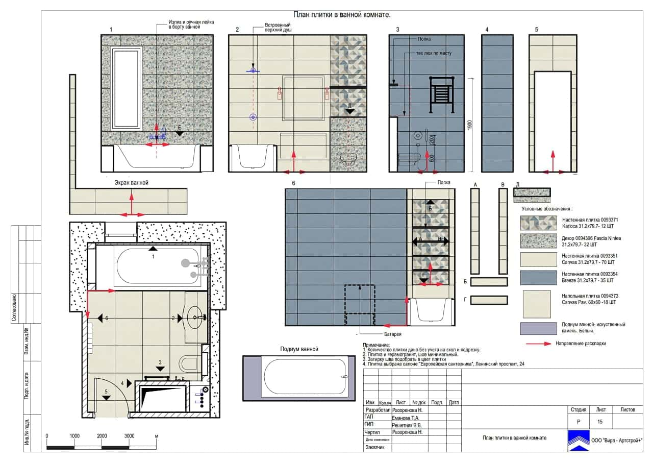 Раскладка плитки в ванной, квартира 130 м² в ЖК «Ломоносовский»