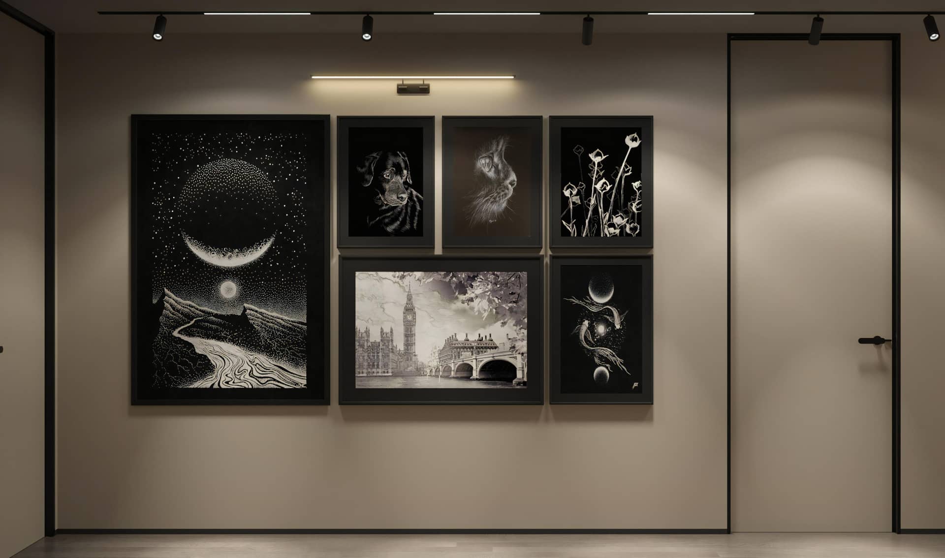 Заказчики захотели украсить коридор любимыми чёрно-белыми картинами