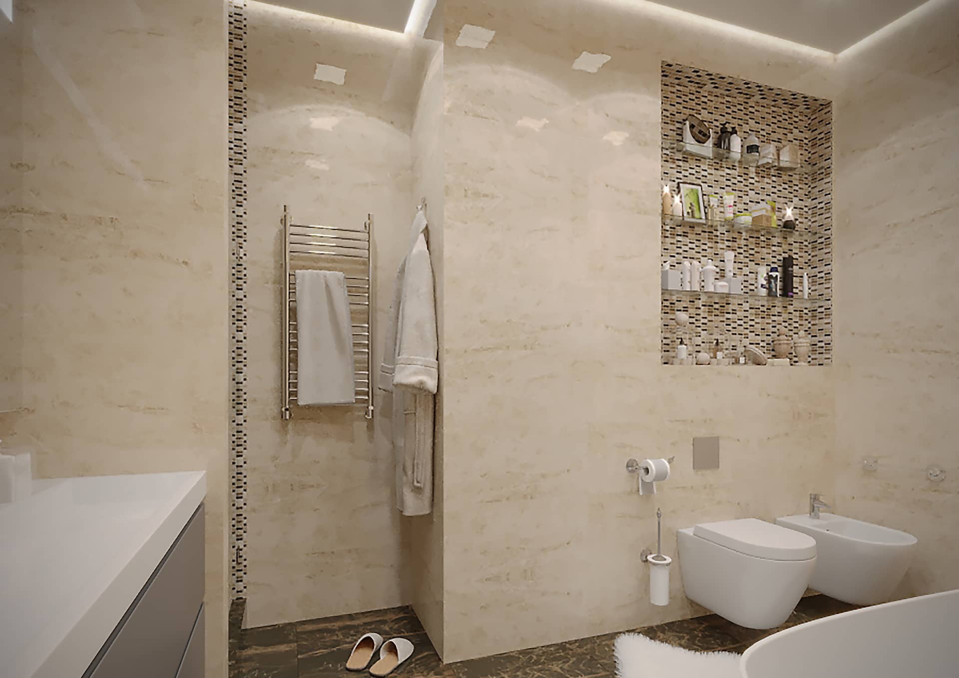 Стены в ванной комнате сделаны из песчаного камня