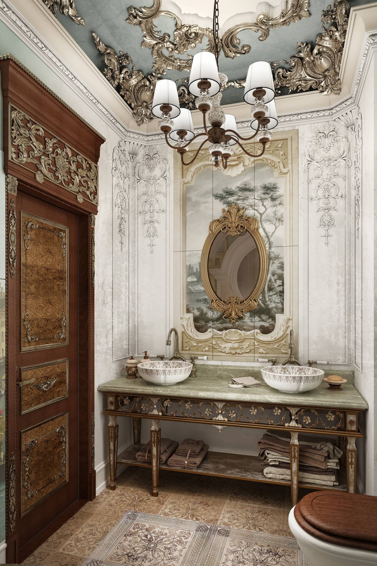 Интерьер роскошной ванной комнаты с мраморной столешницей