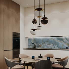 Фотографии кухонь-гостиных. Объятия моря. Дизайн и ремонт квартиры 91м2 ЖК Событие в современном эко-стиле. Кухня-гостиная, фото 06.