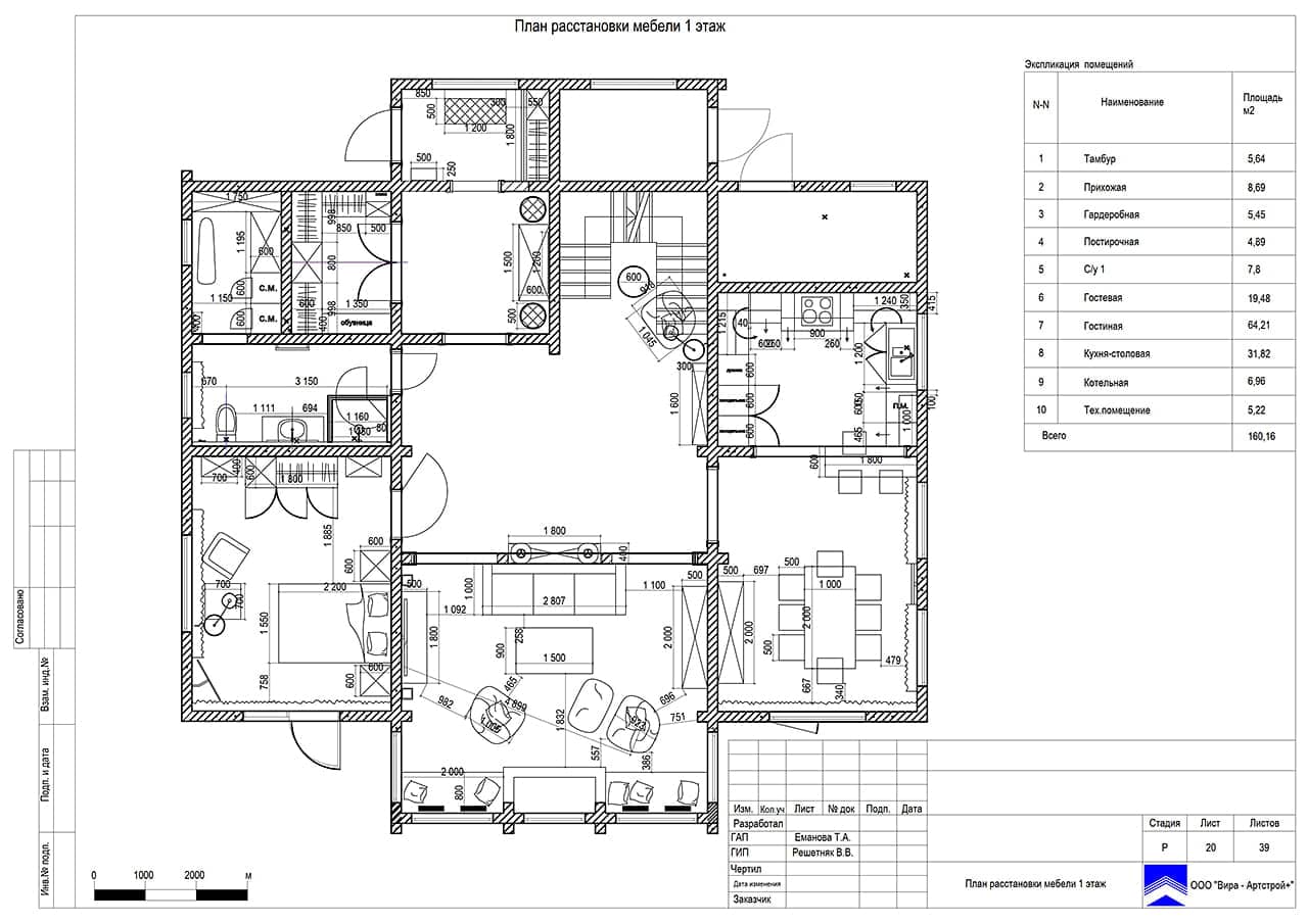 План расстановки мебели. 1 этаж, дом 297 м² в ЖК «Мишино»