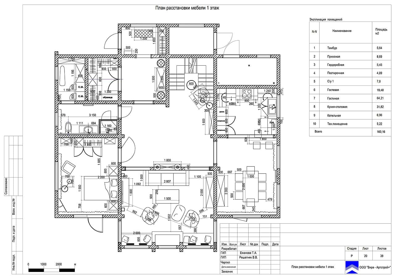 План расстановки мебели. 1 этаж, дом 297 м² в ЖК «Мишино»