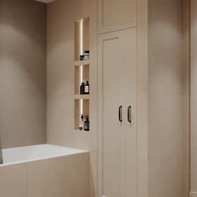 Фотографии ванных комнат. Квартира с мезонином. Дизайн и ремонт квартиры 89м2 ЖК Джаз в современном. Ванная, фото 03.