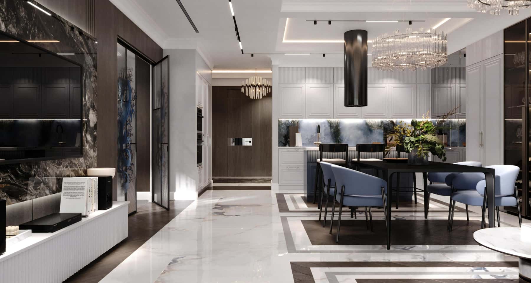 Фото модного интерьера кухни-гостиной