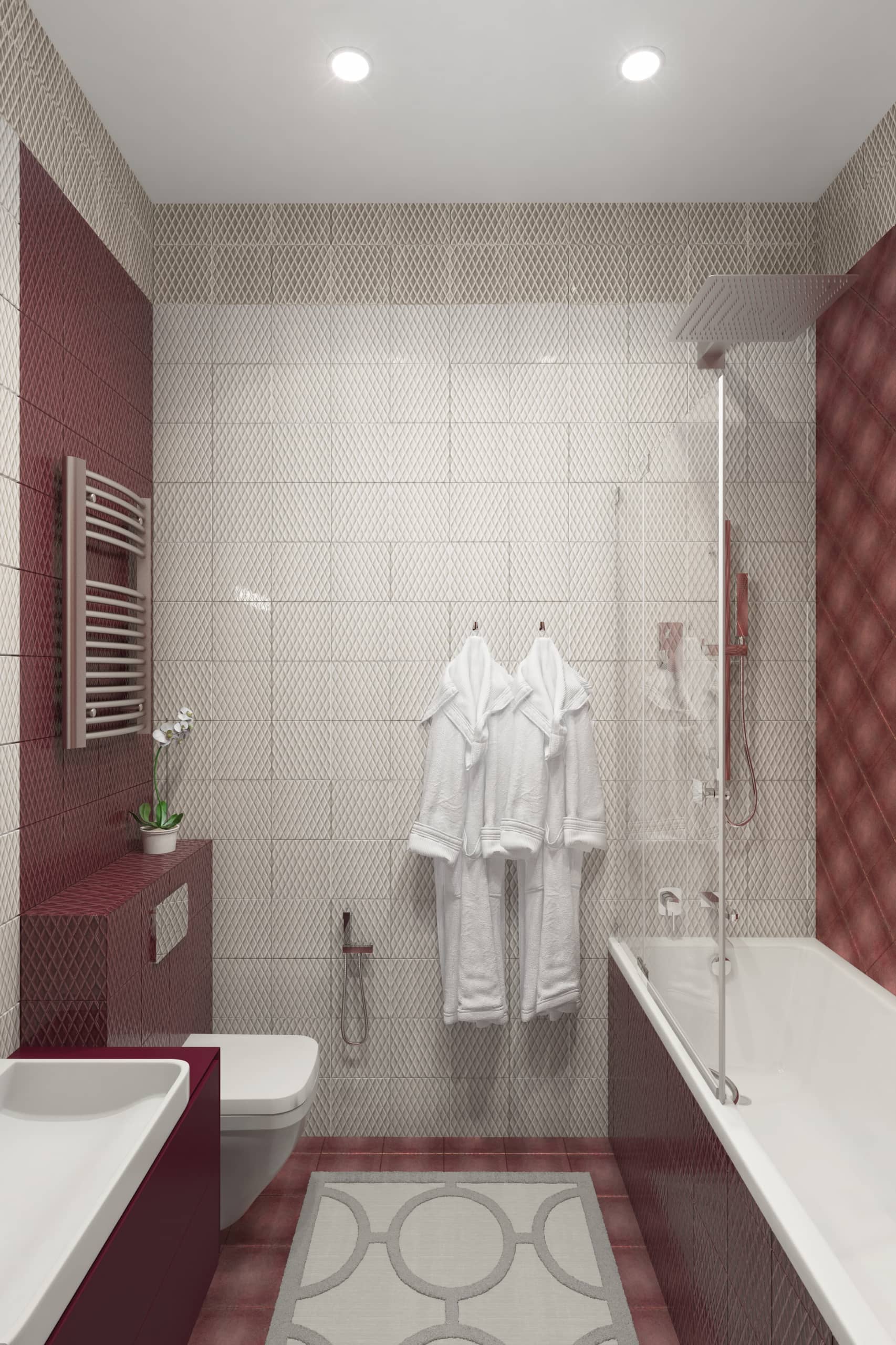 Плитка в ванной комнате имеет геометрический рисунок