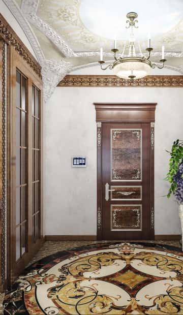 Дверь шоколадного цвета со вставками цвета корицы