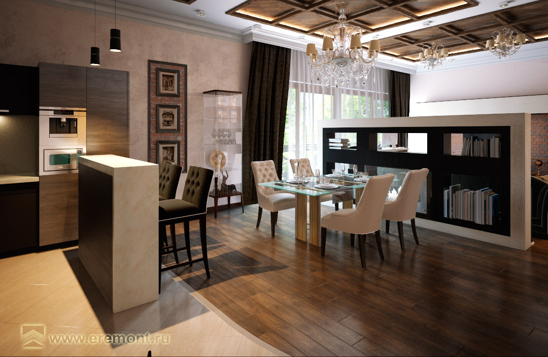 Оформление интерьера гостиной трехкомнатной квартиры в коричневый цвет в стиле современной классики. Фото № 46593.