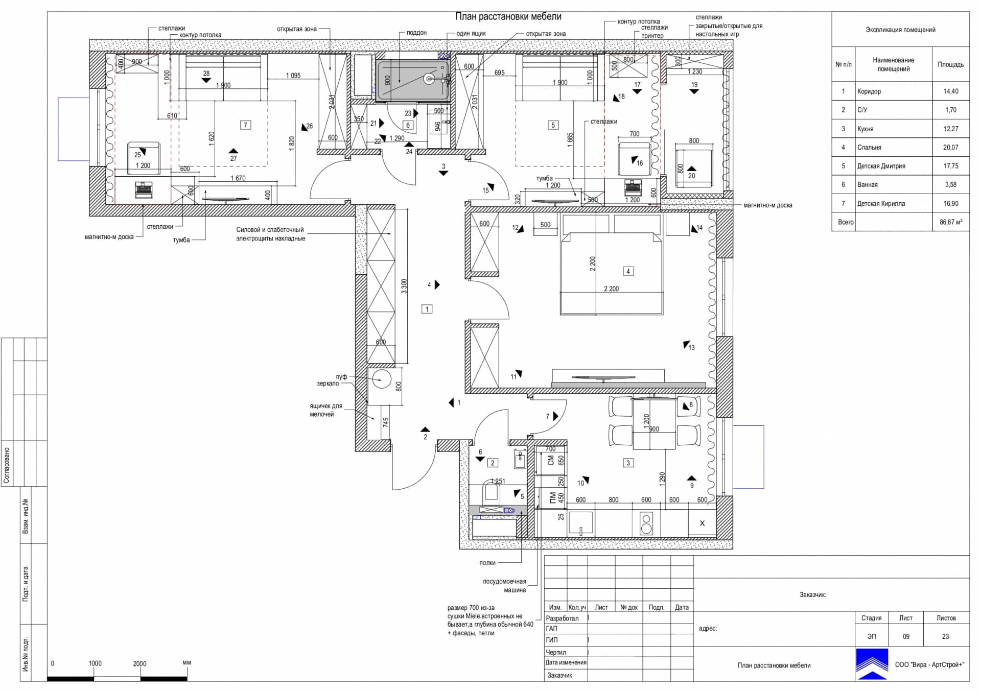 План расстановки мебели, квартира 86 м²