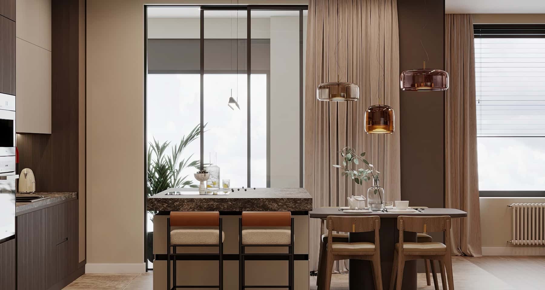 Дизайн коричневой кухни в квартире после ремонта