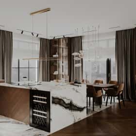 Высокие отношения. Дизайн и ремонт загородного дома 195м2 в КП Лесная поляна в современном стиле. 1 этаж Кухня-гостиная, фото 15