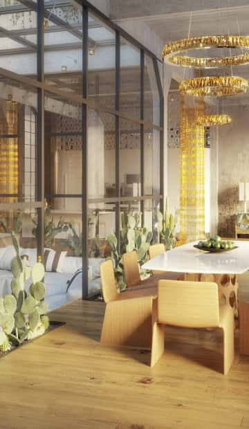 Стеклянные панели - двери отделают гостиную от столовой